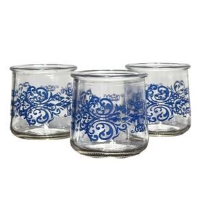 Vintage Retro Qui Yogurt Clear Glass Jars w/ Damask Blue Accent Print - EUC